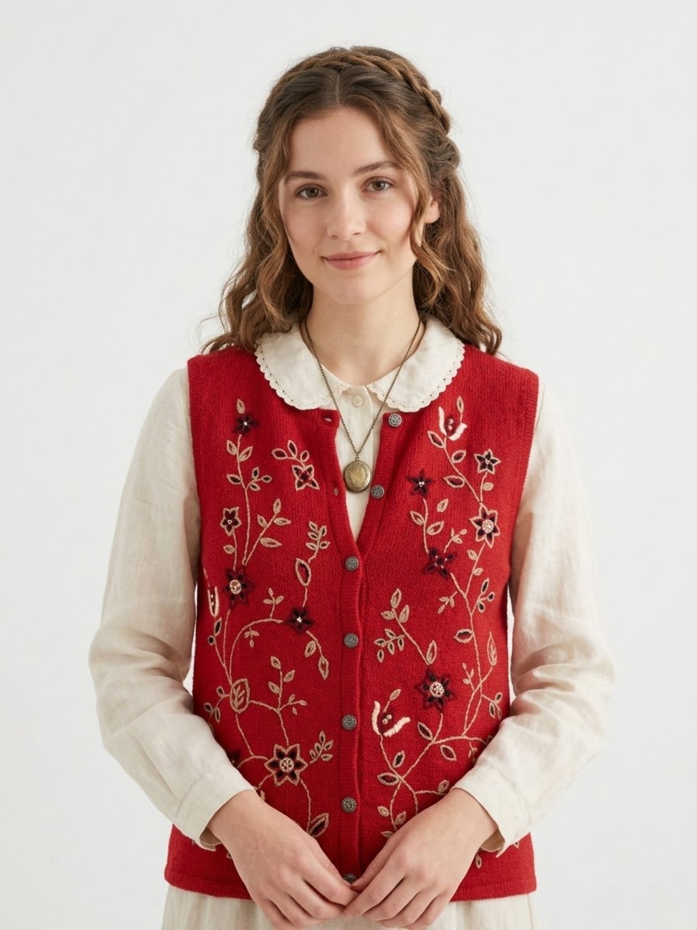 Boho Cottagecore Floral Hand Embroidered Sweater Vest Goblincore Granny Earthy